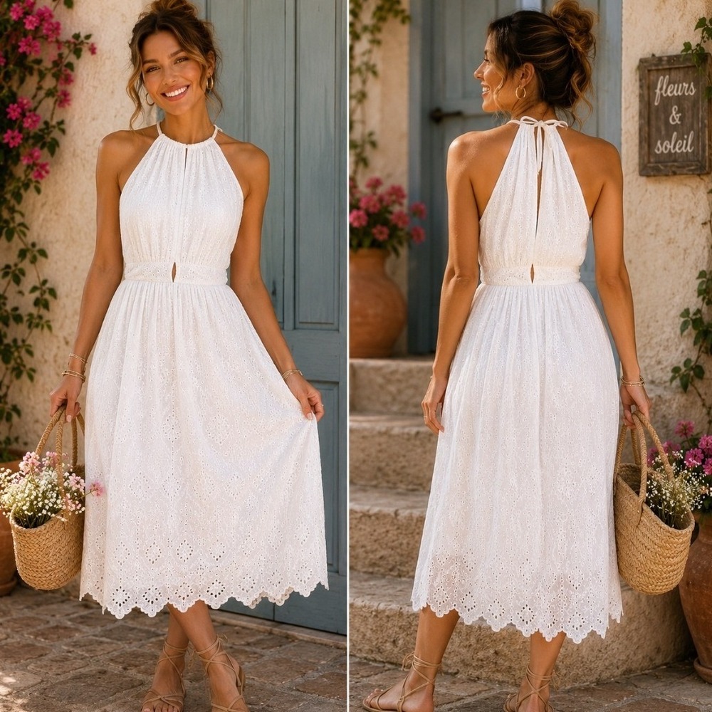 Zara White Eyelet Halter Midi Dress